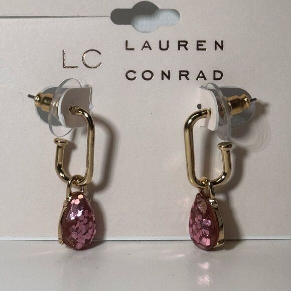 LC Lauren Conrad Gold Earrings with Pink Sparkly Teardrops 1.25 Inch - Picture 1 of 10